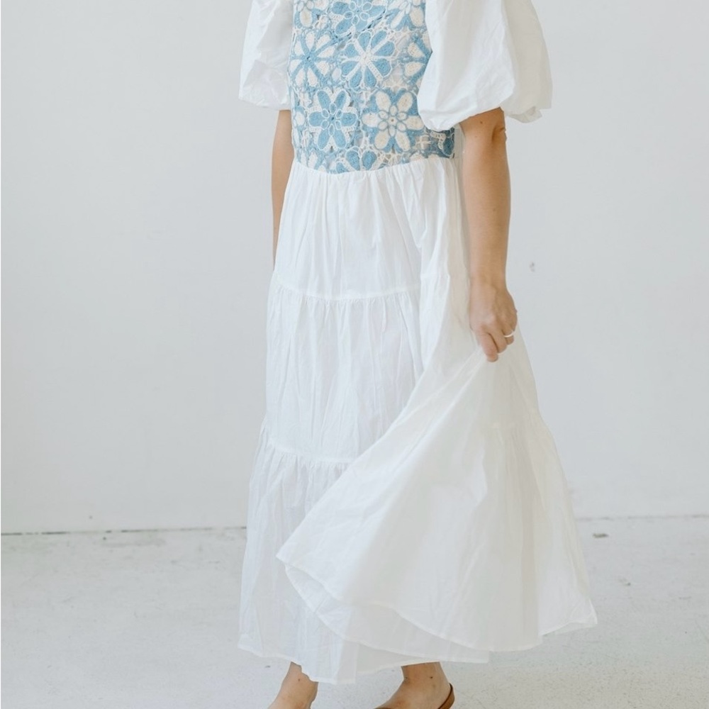 Boho boutique puff sleeve crochet detail white dress